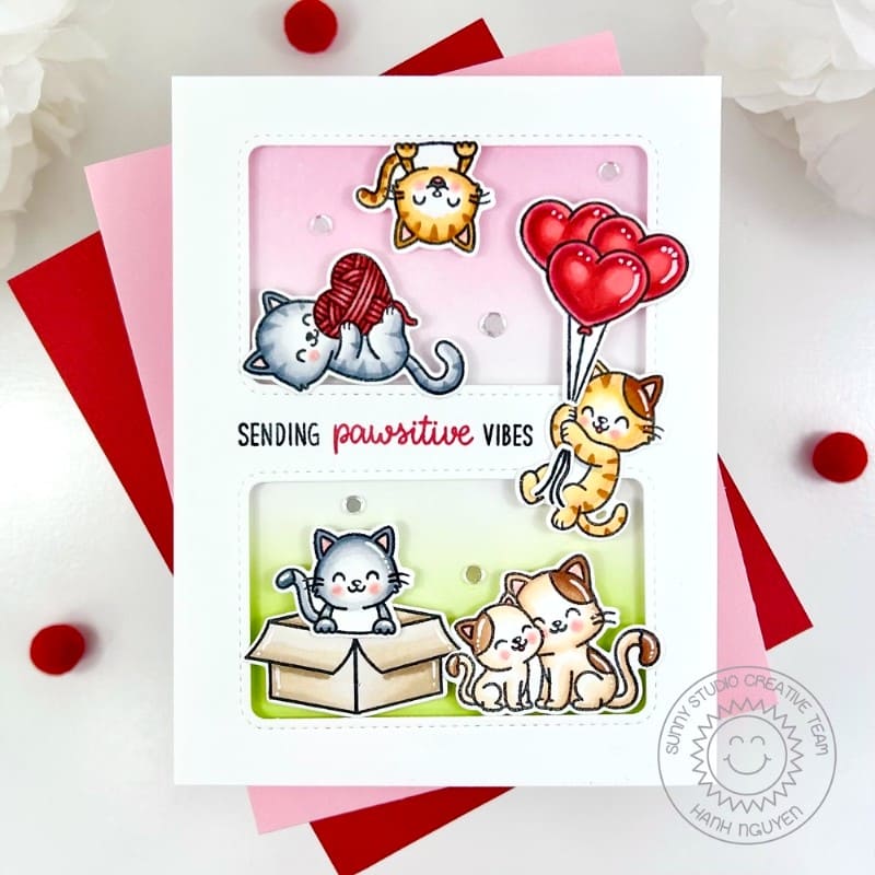 Sunny Studio Punny Cats with Heart Balloons, Yarn, & Box Sending Pawsitive Vibes Card using Cat Antics Clear 4x6 Craft Stamps