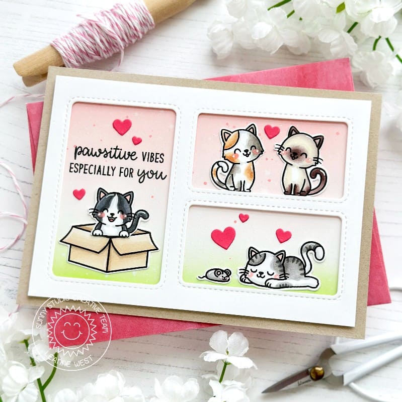 Sunny Studio Stamps Pawsitive Vibes Kitty Cat Stitched Frame Valentine's Day Card using Cat Antics 4x6 Clear Craft Stamps