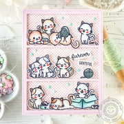 Sunny Studio I'm Furever Grateful Pink Checked Punny Kitty Cat Comic Strip Card using Cat Antics 4x6 Clear Craft Stamps
