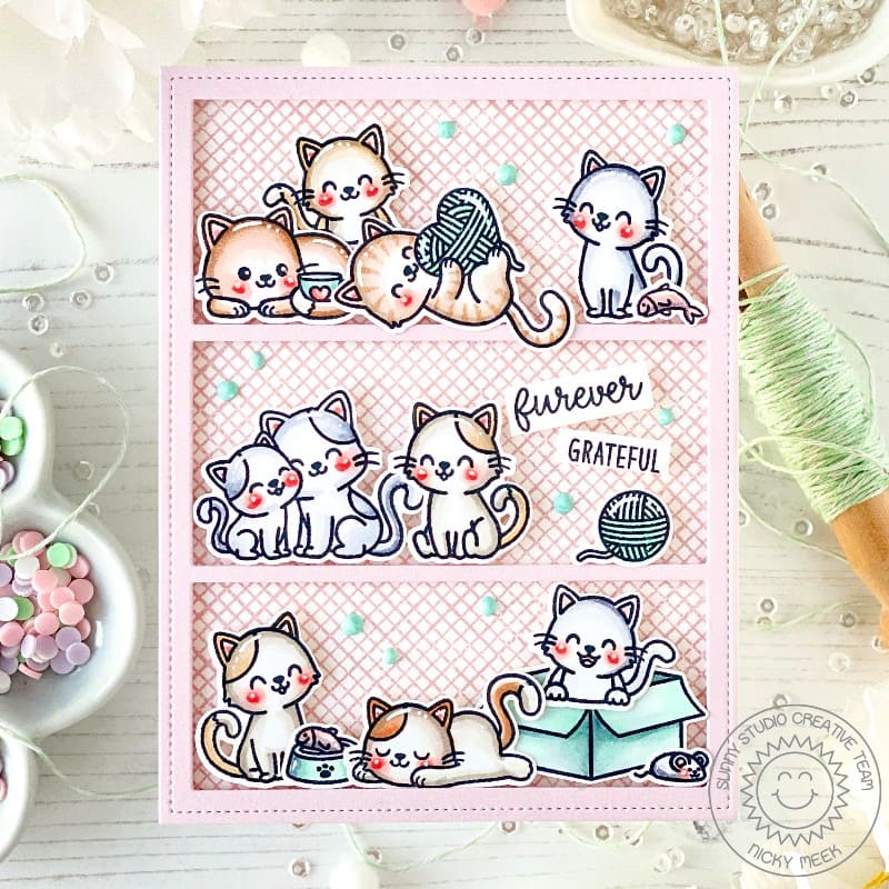 Sunny Studio I'm Furever Grateful Pink Checked Punny Kitty Cat Comic Strip Card using Cat Antics 4x6 Clear Craft Stamps