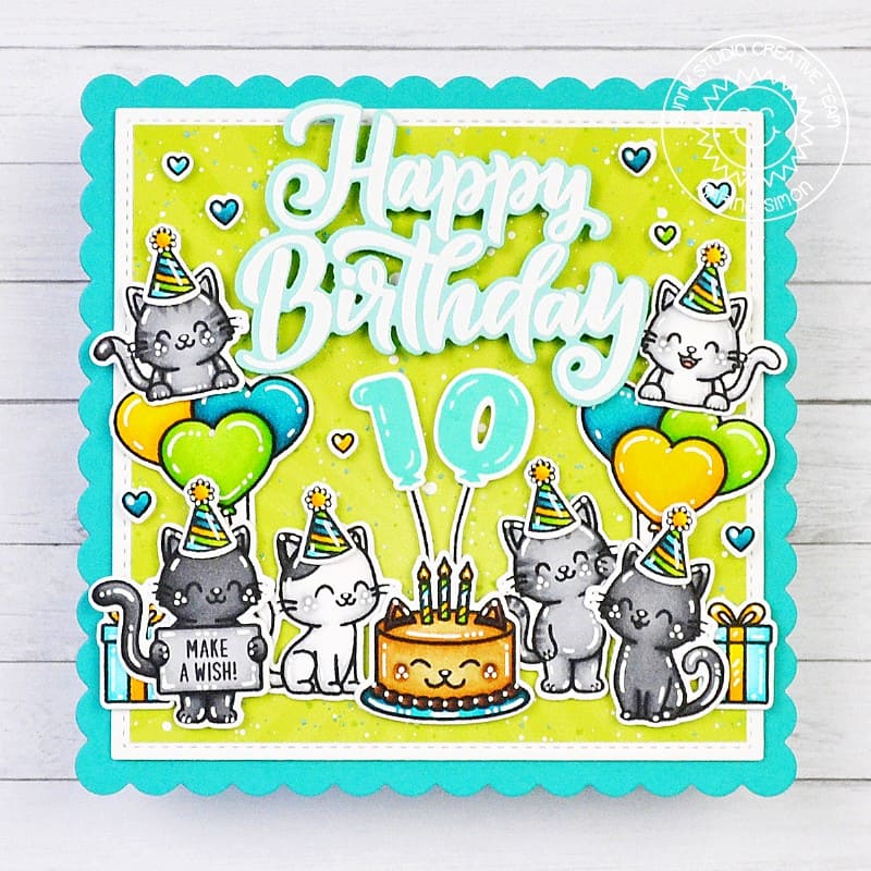 Sunny Studio Scalloped Square Cats with Balloons & Cake 10th Birthday Milestone Card using Balloon Numbers Clear Craft Stamps