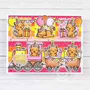 Sunny Studio Stamps Pink, Orange & Yellow Cat Birthday Party Train Card using Ribbon & Lace Stitched Metal Cutting Craft Dies