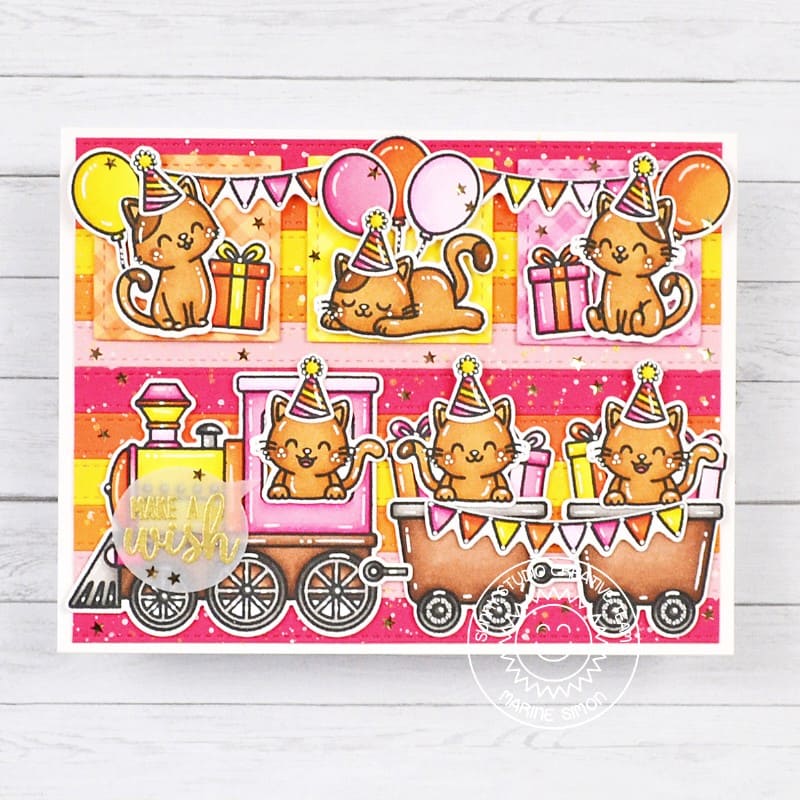 Sunny Studio Stamps Pink, Orange & Yellow Cat Birthday Party Train Card using Ribbon & Lace Stitched Metal Cutting Craft Dies