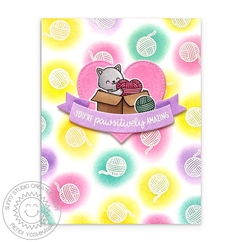 Sunny Studio Stamps Pawsitively Amazing Cat with Pastel Balls of Yarn Heart Card using Brilliant Banner 2 Metal Craft Die