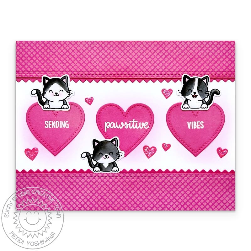 Sunny Studio Sending Pawsitive Vibes Hot Pink Heart Love-Themed Valentine's Day Card using Cat Antics Clear Craft Stamps