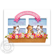 Sunny Studio Stamps Cats with Flower Box Spring Shaker Card using Rounded Rectangle Window Stitched Metal Cutting Craft Dies