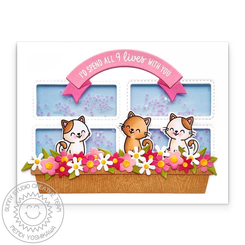 Sunny Studio Stamps Cats with Flower Box Spring Shaker Card using Rounded Rectangle Window Stitched Metal Cutting Craft Dies