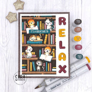 Sunny Studio It's A Great Day To Relax Cats Sleeping on Library Book Shelves Card using Cat Antics 4x6 Clear Craft Stamps