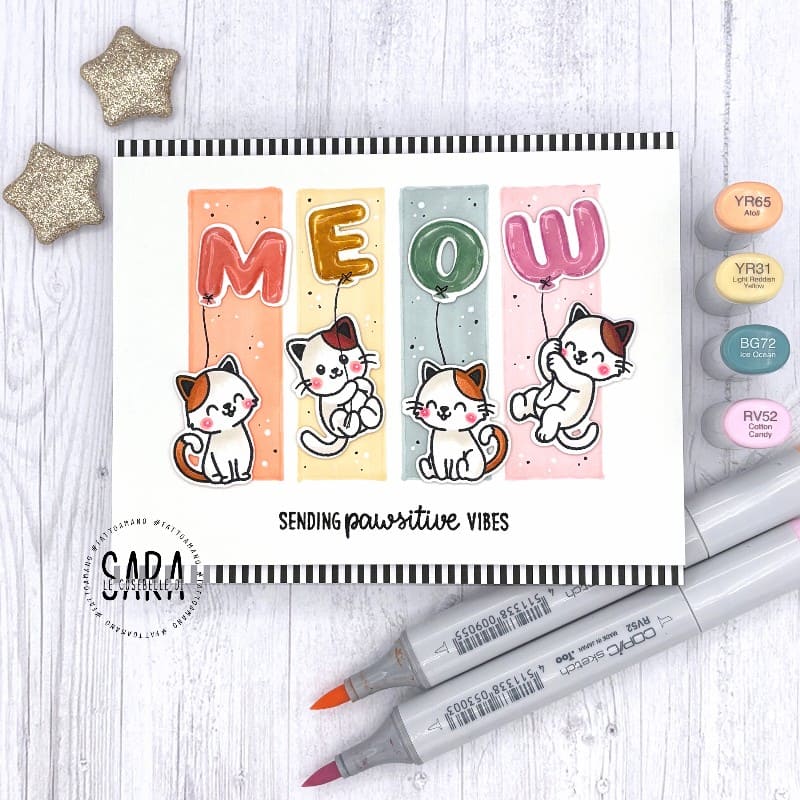 Sunny Studio Stamps Pawsitive Vibes Kitty Cat Hanging from Alphabet Balloons Card using Cat Antics 4x6 Clear Craft Stamps