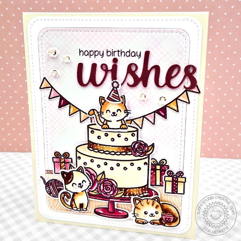 Sunny Studio Kitty Cats with 3-Tier Cake Birthday Wishes Card using Special Day 4x6 Clear Photopolymer Craft Stamps