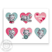 Sunny Studio Stamps Pawsitive Vibes Punny Cat Stitched Heart Grid Valentine's Day Card using Window Trio Heart Landscape Dies