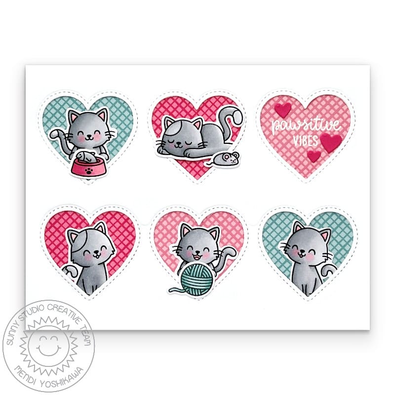 Sunny Studio Pawsitive Vibes Punny Kitty Cat Stitched Heart Grid Valentine's Day Card using Cat Antics 4x6 Clear Craft Stamps