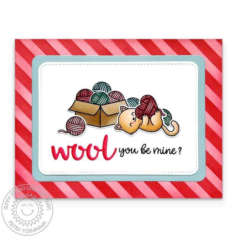 Sunny Studio Stamps Wool You Be Mine? Cat with Ball of Yarn Punny Valentine's Day Card using Rounded Rectangle Mat Craft Dies