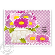 Sunny Studio Gerber Daisies Floral Flower Bouquet Gingham Mother's Day Card using Layered Basket Layering Clear Craft Stamps