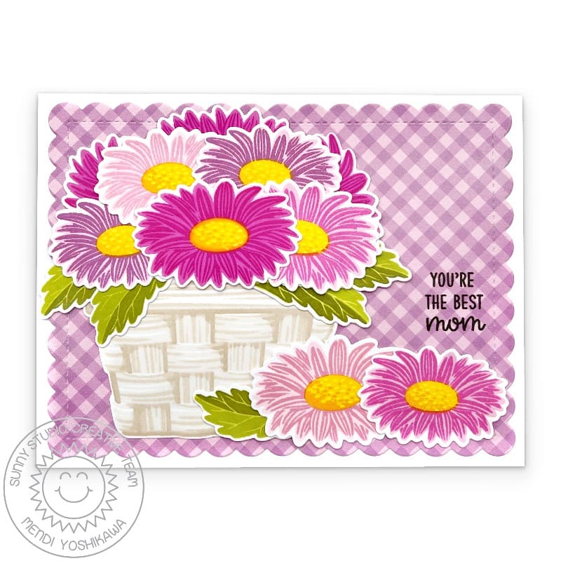 Sunny Studio Gerber Daisies Floral Flower Bouquet Gingham Mother's Day Card using Layered Basket Layering Clear Craft Stamps