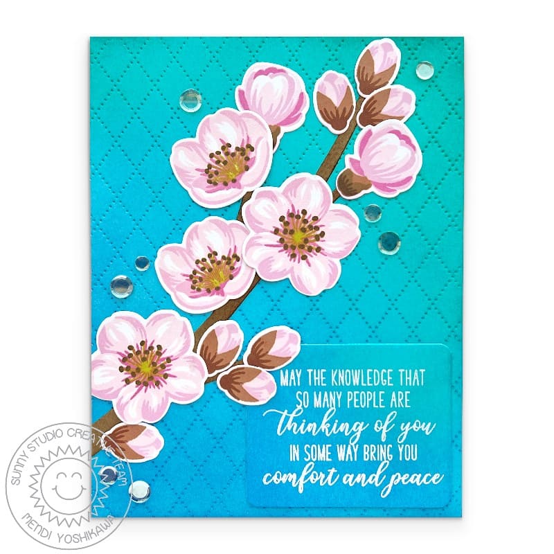Sunny Studio Floral Cherry Blossoms Branch Spring Sympathy Card using Inside Greetings Sympathy Sentiment Clear Craft Stamps