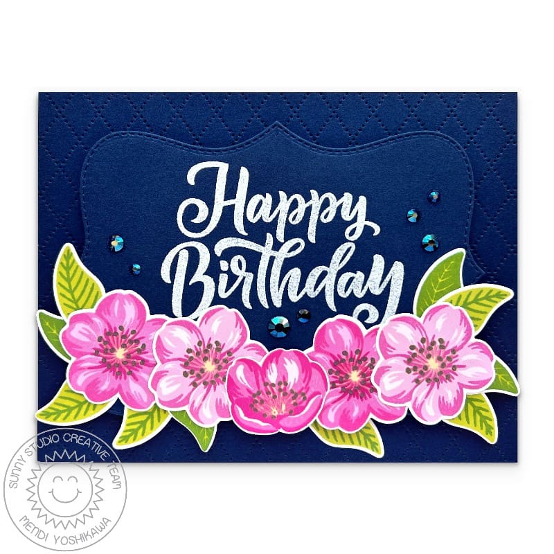 Sunny Studio Stamps Hot Pink Floral Cherry Blossoms Spring Birthday Card using Limitless Labels 1 Stitched Cutting Craft Dies