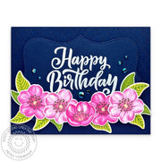 Sunny Studio Hot Pink & Navy Floral Flowers Spring Birthday Card by Mendi using Cherry Blossoms Layering Clear Craft Stamps