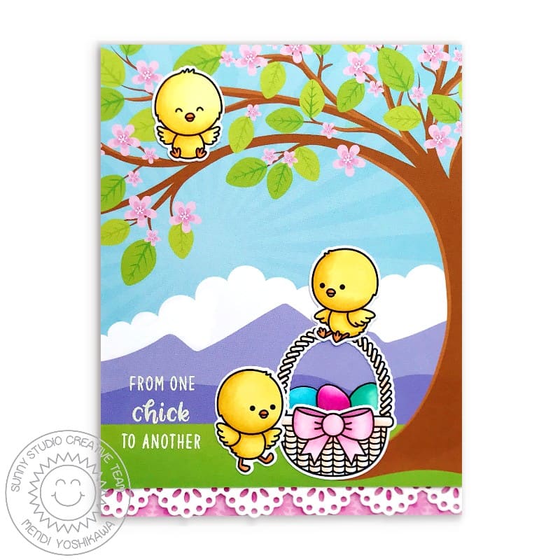 Sunny Studio Stamps Chickie Baby From One Chick To Another Handmade Easter Card with Cherry Blossom Tree