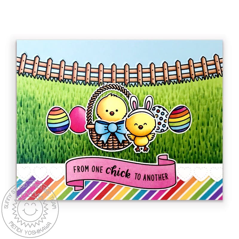 Sunny Studio From One Chick To Another Handmade Rainbow Easter Card with Grass and Curved Fence (using Spring Scenes 4x6 Border Clear Stamps)
