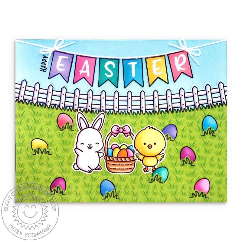 Sunny Studio Bunny & Chick Easter Egg Hunt Handmade Easter Card with Banner, Fence and Grass (using Spring Scenes 4x6 Border Clear Stamps)