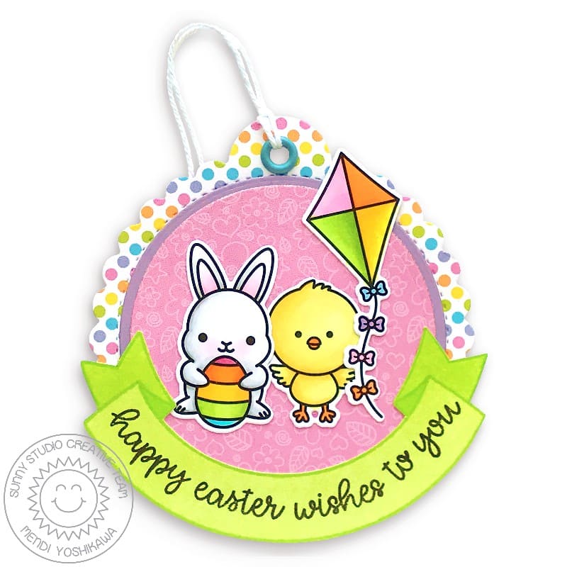 Sunny Studio Bunny and Chick with Rainbow Egg and Kite Handmade Easter Gift Tag using Chickie Baby Clear Stamps