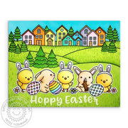 Sunny Studio Chicks Dressed As Bunnies with Bunny and Eggs Scene Handmade Easter Card using Chickie Baby 4x6 Clear Stamps