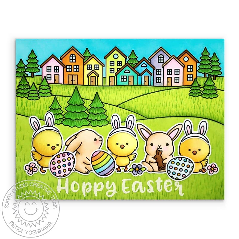 Sunny Studio Chicks Dressed As Bunnies with Bunny and Eggs Scene Handmade Easter Card using Chickie Baby 4x6 Clear Stamps