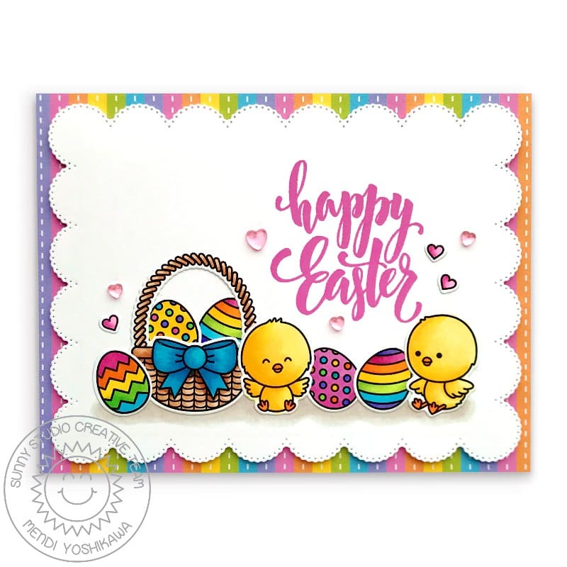 Sunny Studio Stamps Chickie Baby Happy Easter Basket with Chicks & Rainbow Eggs Handmade Card