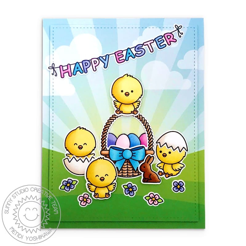 Sunny Studio Stamps Chicks with Eggs, Basket and Banner Handmade Easter Card (using Chickie Baby Stamp Set)