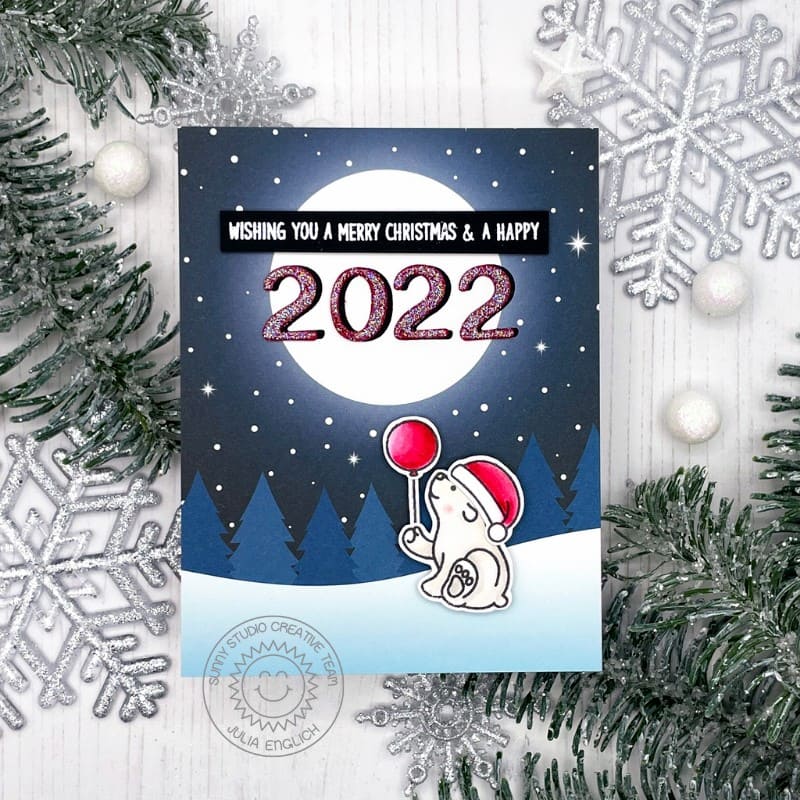 Sunny Studio Stamps Merry Christmas & Happy New Year Polar Bear Dated Holiday Card using Chloe Number Metal Cutting Dies