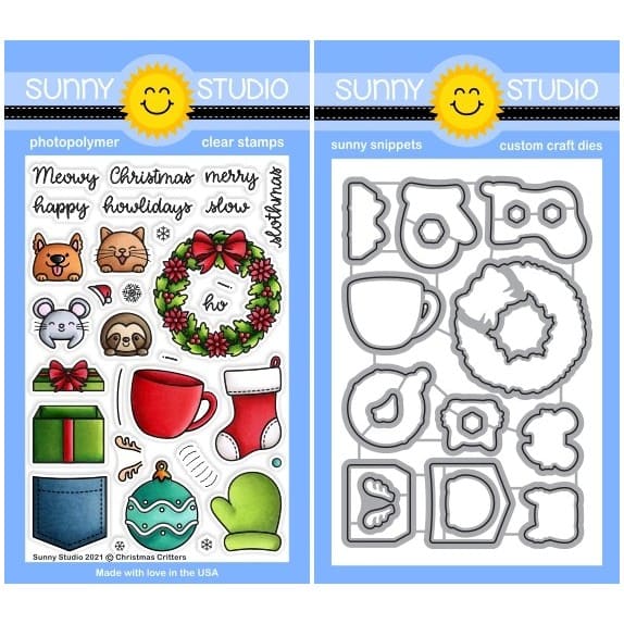 Sunny Studio Christmas Critters Holiday Cat, Dog, Mouse, & Sloth 4x6 Clear Photopolymer Stamps & Metal Cutting Craft Dies