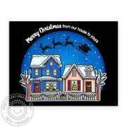 Sunny Studio Sleigh with Reindeer Flying Over Neighborhood Holiday Christmas Card using Here Comes Santa Clear Craft Stamps