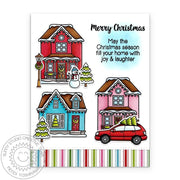 Sunny Studio Colorful Decorated Snowy Houses Filled With Joy & Laughter Holiday Card using Christmas Home Clear Craft Stamps