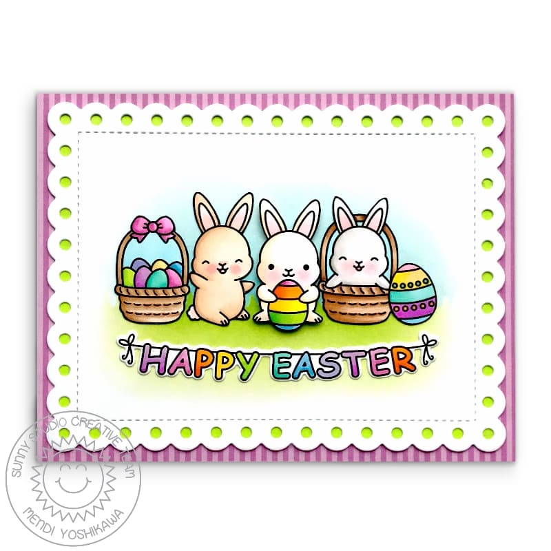 Sunny Studio Stamps Easter Bunny Card with stitched scalloped mat (using Frilly Frames Polka-Dot Metal Cutting Dies)