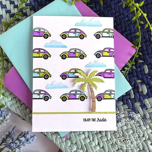 Sunny Studio Colorful VW Bug Beetle Cars with Palm Tree "Enjoy The Ride" Summer Card (using City Streets 4x6 Clear Stamps)