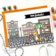 Sunny Studio "You're Foxtastic" Fox with Birds on City Street with Cobblestone Card using Foxy Friends Clear Craft Stamps