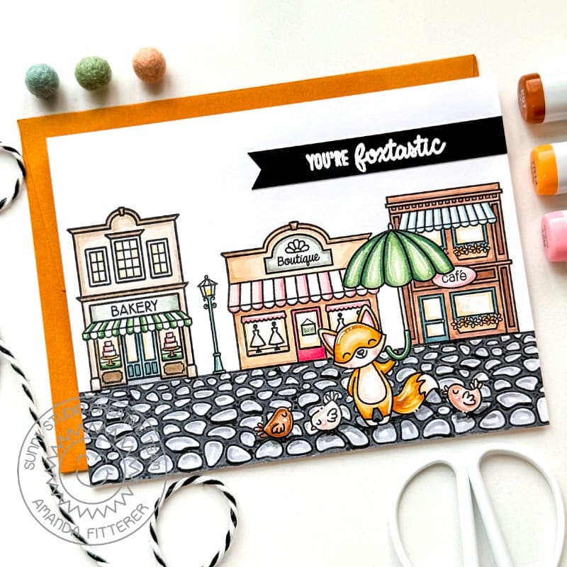 Sunny Studio "You're Foxtastic" Fox with Birds on City Street with Cobblestone Card using Foxy Friends Clear Craft Stamps
