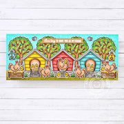 Sunny Studio Clucky to Have You As My Friend Chickens & Hen Houses Slimline Card using Seasonal Trees Clear Craft Stamps