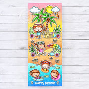 Sunny Studio Kids Playing in the Ocean & Sand Slimline Summer Beach Card by Marine Simon (using Coastal Cuties 2x3 Clear Stamps)