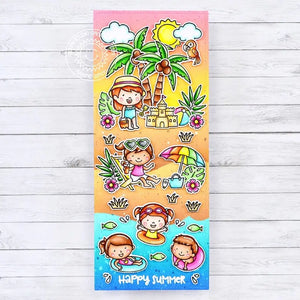 Sunny Studio Kids Playing in the Ocean & Sand Slimline Summer Card by Marine Simon (using Beach Babies 4x6 Clear Stamps)