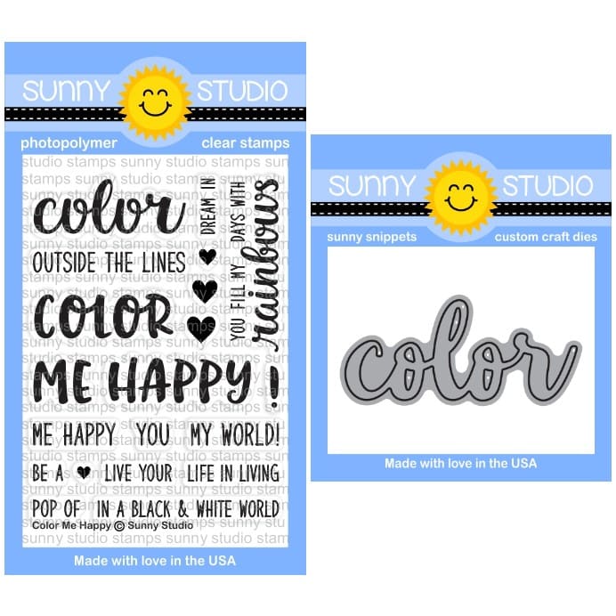 Sunny Studio Stamps Color Me Happy Rainbow-Themed 3x4 Photopolymer Clear Stamp Set & Color Word Metal Cutting Craft Die