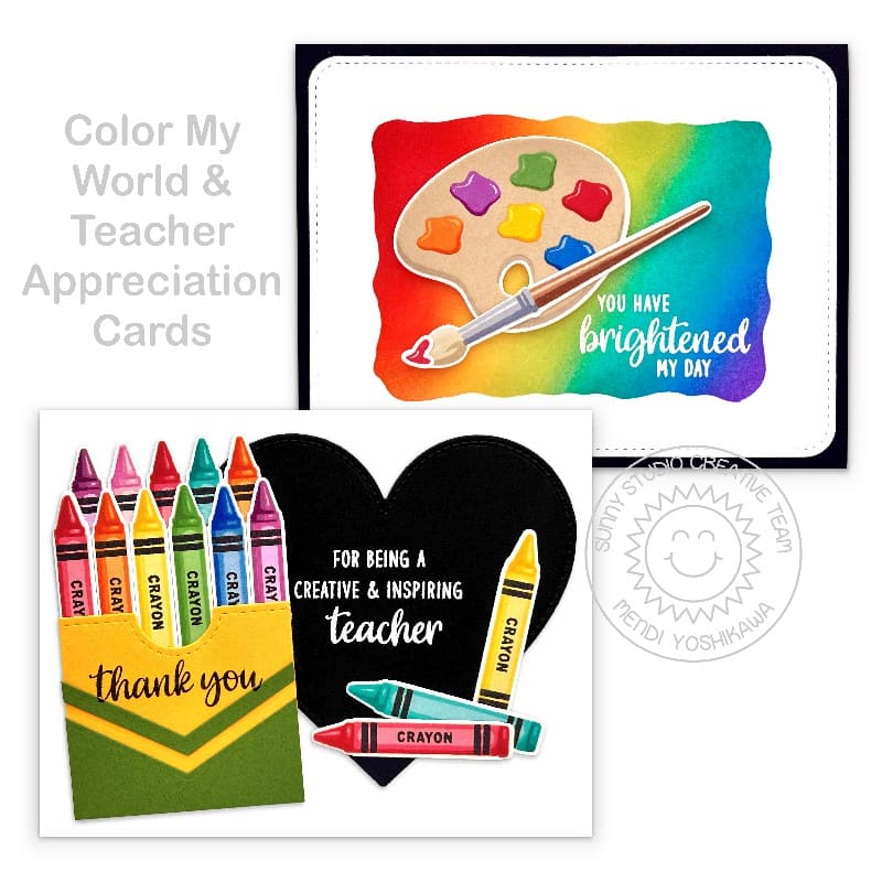 Sunny Studio Rainbow Crayons & Paint Palette School-Themed Thank You Cards using Teacher Appreciation Clear Craft Stamps