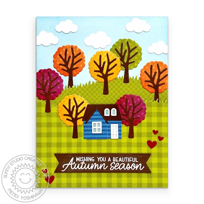 Sunny Studio Stamps Wishing You A Beautiful Autumn Fall House & Trees Card using Comic Strip Everyday Metal Cutting Craft Die