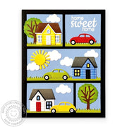Sunny Studio Stamps Home Sweet Home House & Car Mini Die-cut Scenes Card using Comic Strip Everyday Metal Cutting Craft Dies