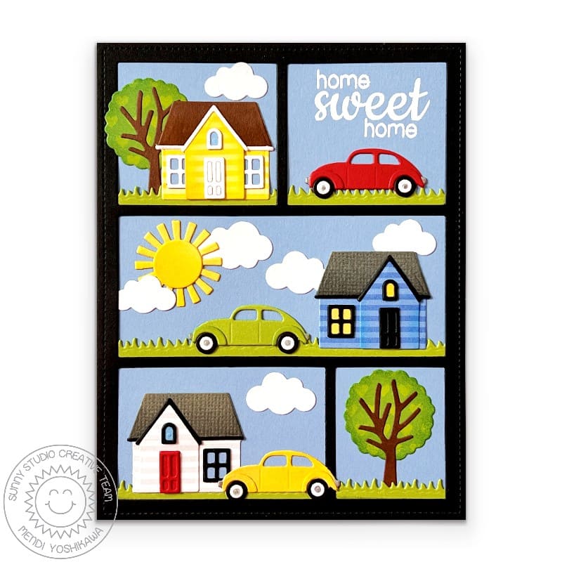 Sunny Studio Stamps Home Sweet Home House & Car Mini Die-cut Scenes Card using Comic Strip Everyday Metal Cutting Craft Dies