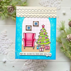 Sunny Studio May the Season Fill Your Home With Joy Chair with Holiday Tree & Gifts Card using Cozy Christmas Clear Stamps