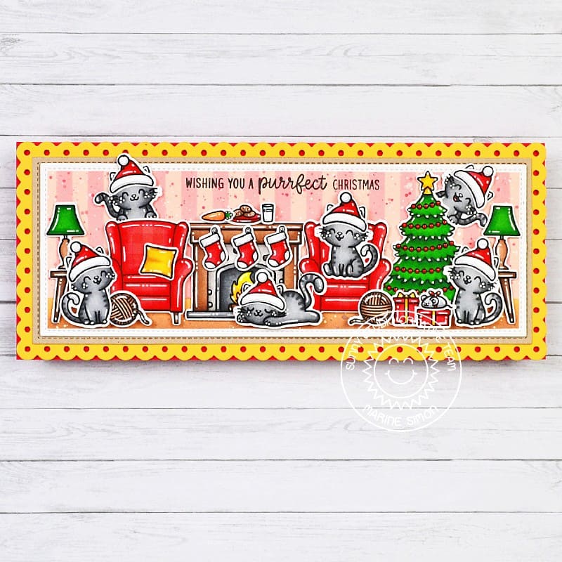 Sunny Studio Cats on Chair with Fireplace & Tree Holiday Scene Handmade Slimline Card using Cozy Christmas Clear Craft Stamps