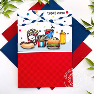 Sunny Studio Stamps Hamburger, Fries, Popcorn, Soda Pop & Hot Dog Greeting Card (using Crepe Paper Streamers Cutting Dies)