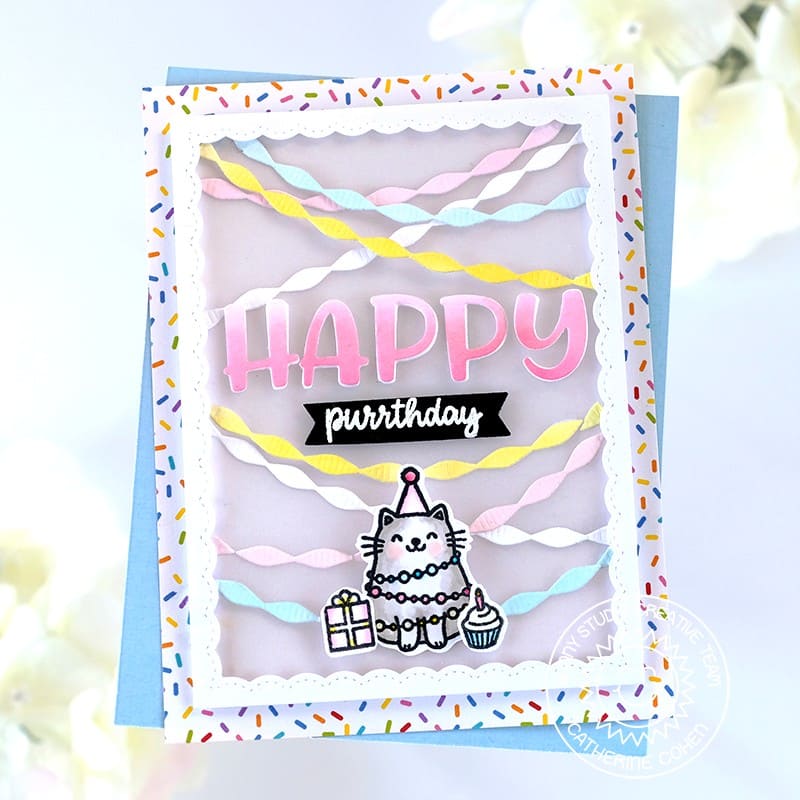Sunny Studio Stamps Kitty Cat Punny Happy Purrthday Birthday Card (using Crepe Paper Streamers Metal Cutting Dies)